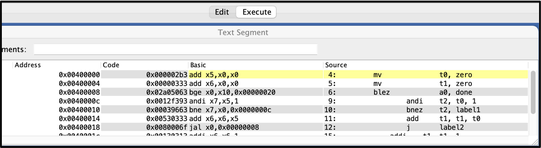 Assembled basic block with mv pseudoinstruction